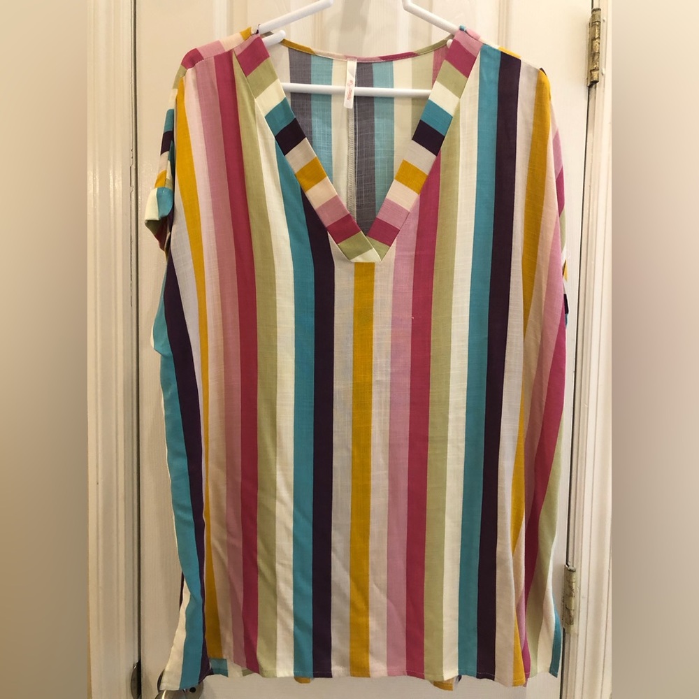 Size L, My Story brand, linen like, striped top. Mult-colored.